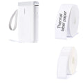 D11 Bluetooth thermal label printer with compact black design shown next to printed labels