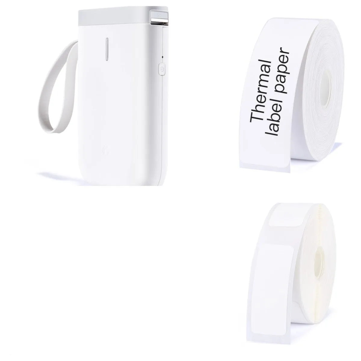 D11 Bluetooth thermal label printer with compact black design shown next to printed labels