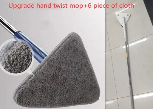 Blue and white extendable triangle cleaning mop with a rotating head on a long stainless steel pole.