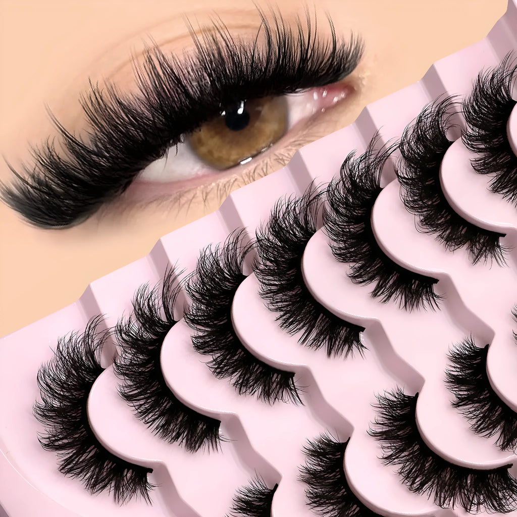 Box of natural false eyelashes with thick artificial fibre lashes and included glue tube