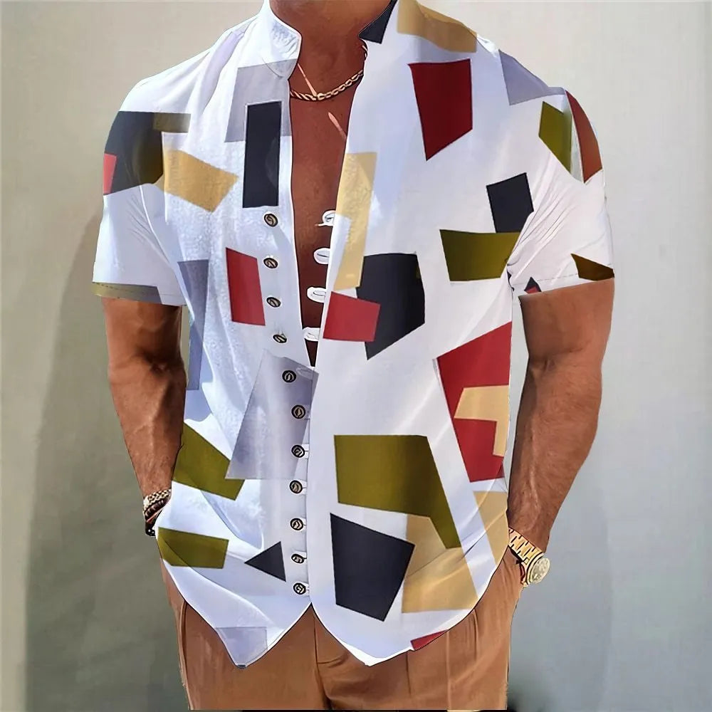 Short sleeve youth shirt with 3D printed geometric floral pattern on a cardigan-style front.