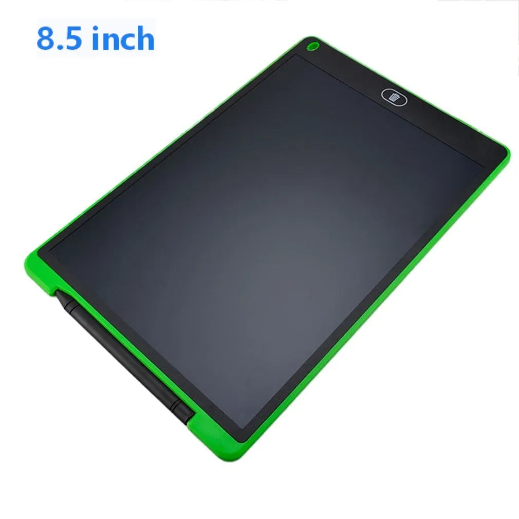 LCD electronic handwriting board for children in blue, showing attached stylus and clear screen.