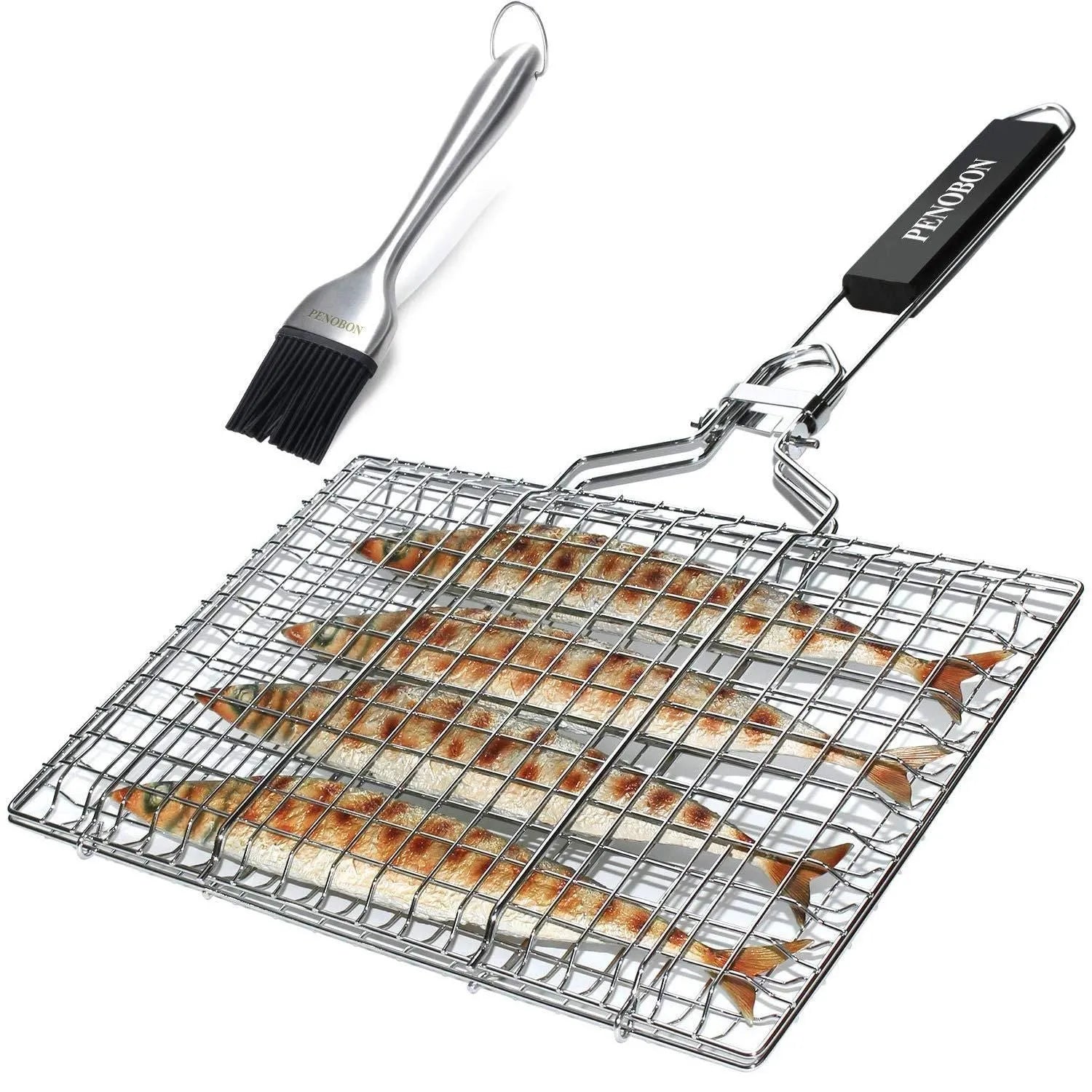 Square stainless steel folding barbecue grill mesh basket with a wire brush