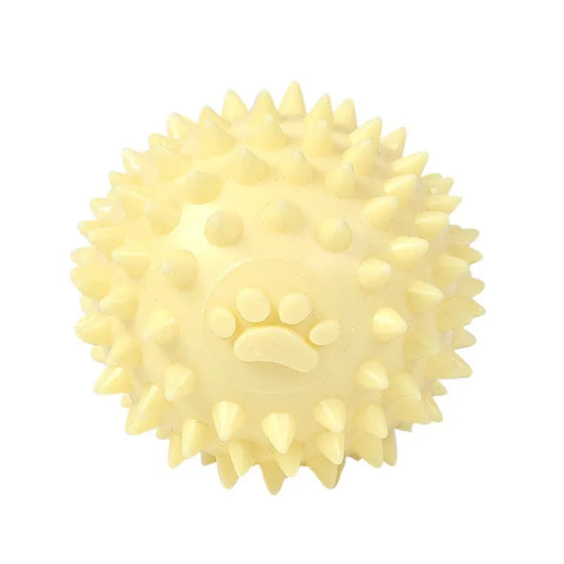 Blue TPR dog chewing ball with textured footprint design for teeth cleaning, 6cm diameter