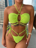 Women's yellow green lace-up triangle bikini swimsuit with split design