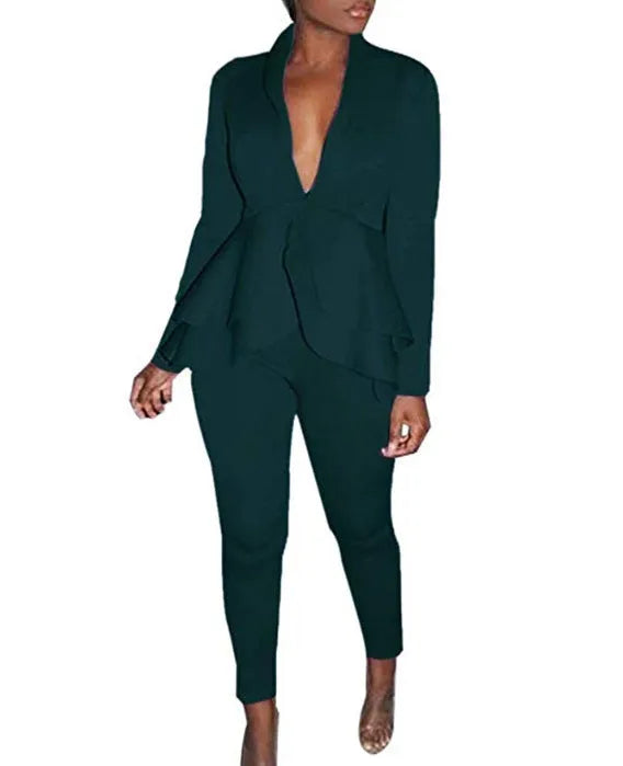 Women's ruffled business uniform set in polyester fabric with shirt and pencil pants