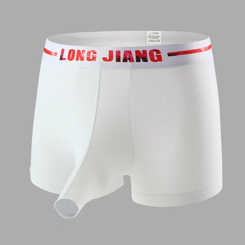 Men's solid colour Ice Silk boxer shorts with a trunk open design on a mid-waist fit.