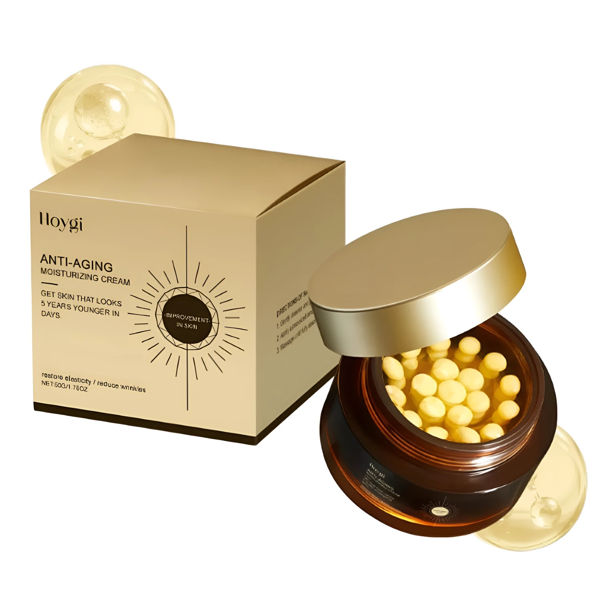 50g jar of retinol capsule moisturising cream with yellow capsules visible