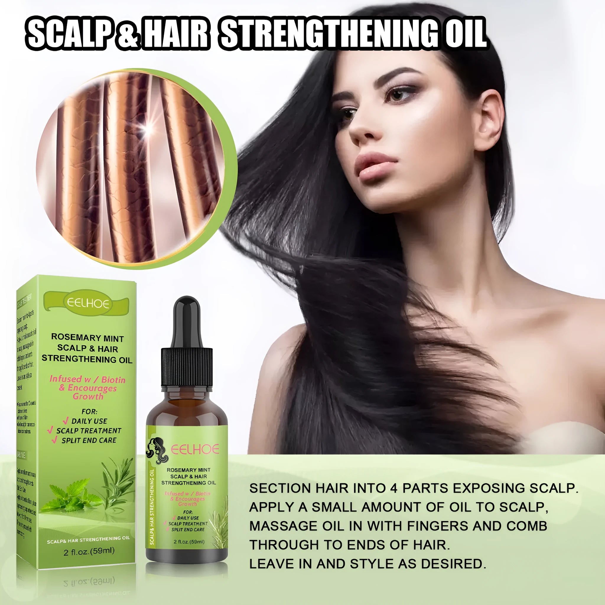 59ml bottle of rosemary mint hair growth fluid for scalp massage and hair repair.
