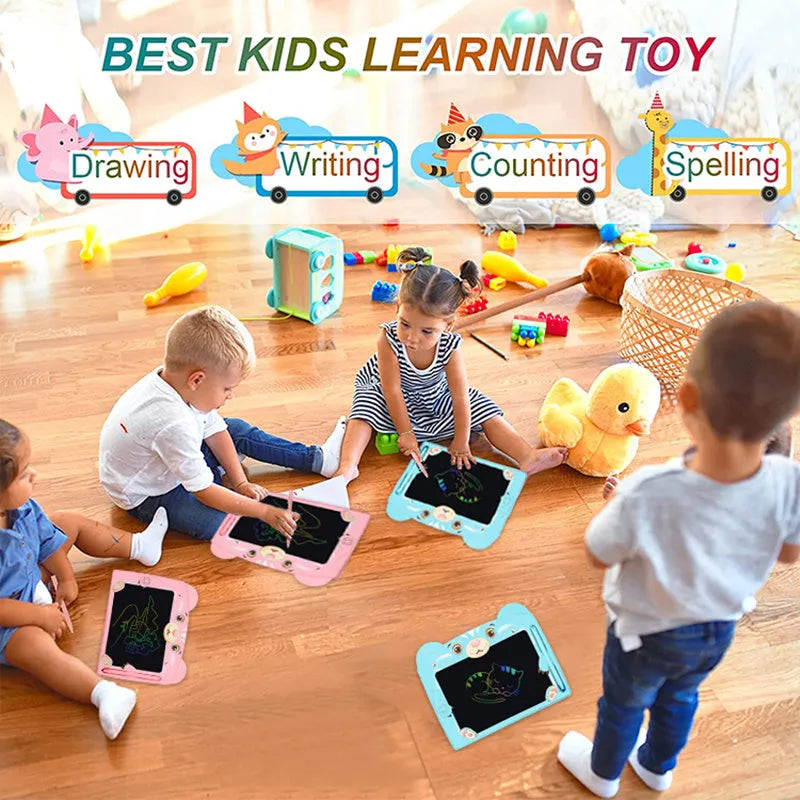 Sky blue children's LCD writing tablet with bear cartoon design showing writing area and stylus