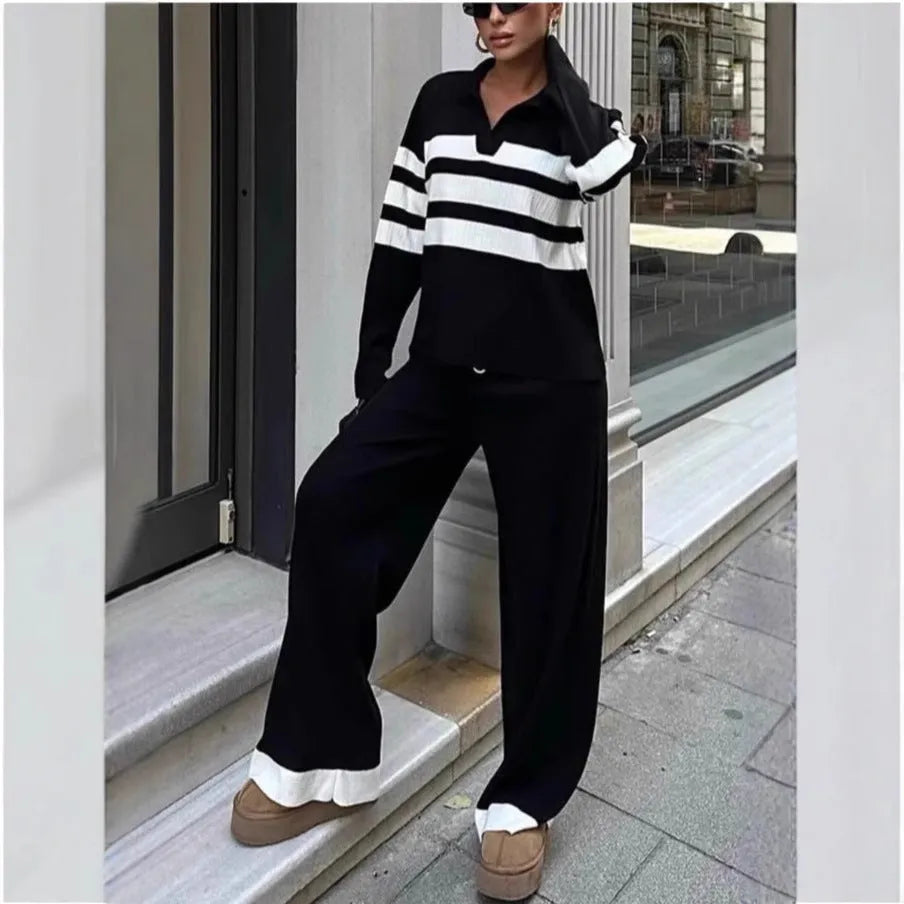 Women's black and white striped knitted polo collar two-piece set with long sleeves and trousers