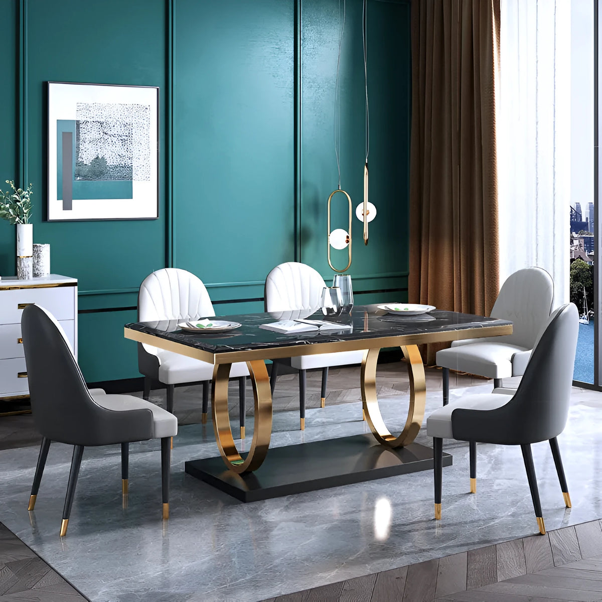 Rectangle slate dining table with marble finish and metal frame, shown with pineapple or round-back chairs