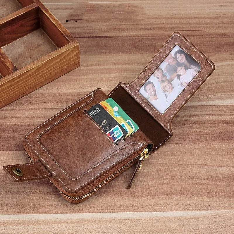 Men's short style two-fold PU wallet in black, deep brown, and shallow coffee colours.