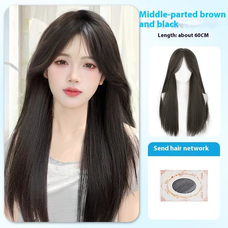 Long straight black synthetic wig with bangs, shown in brown black and cold brown colour options.