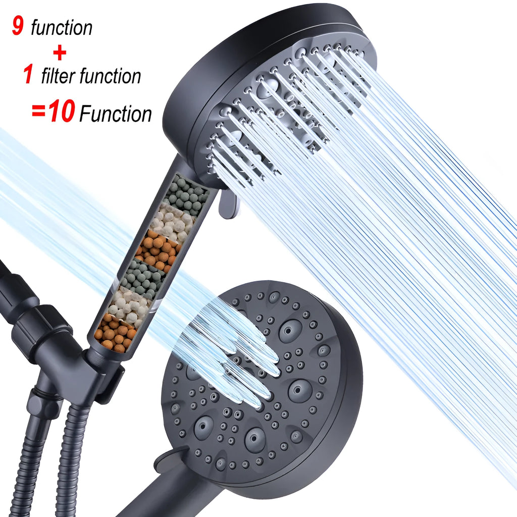 Dark matte hand-held shower head set with bracket and hose, five spray functions, ABS construction