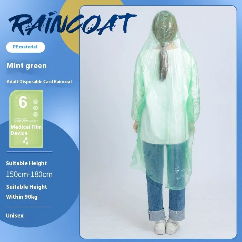 Disposable long full-body raincoat on a portable card, shown in purple, with adult and children size options.