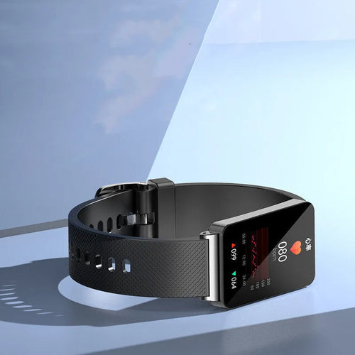 Black Blood Glucose EP08 smart fitness tracker bracelet on a wrist, showing its touch screen.
