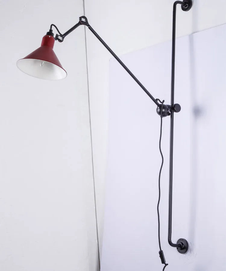 Rotating rocker arm wall lamp with plug, Nordic style iron lampshade, black lamp body, warm bulb