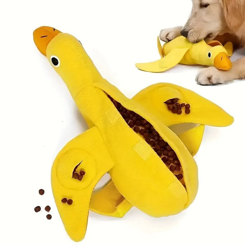 Yellow teddy duck dog toy with squeaker and treat compartment for training and dental care