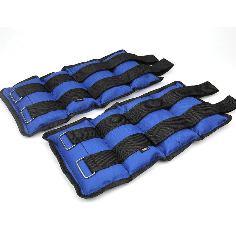 A pair of Oxford cloth legging sandbags for track and field running resistance training, shown with weight options.
