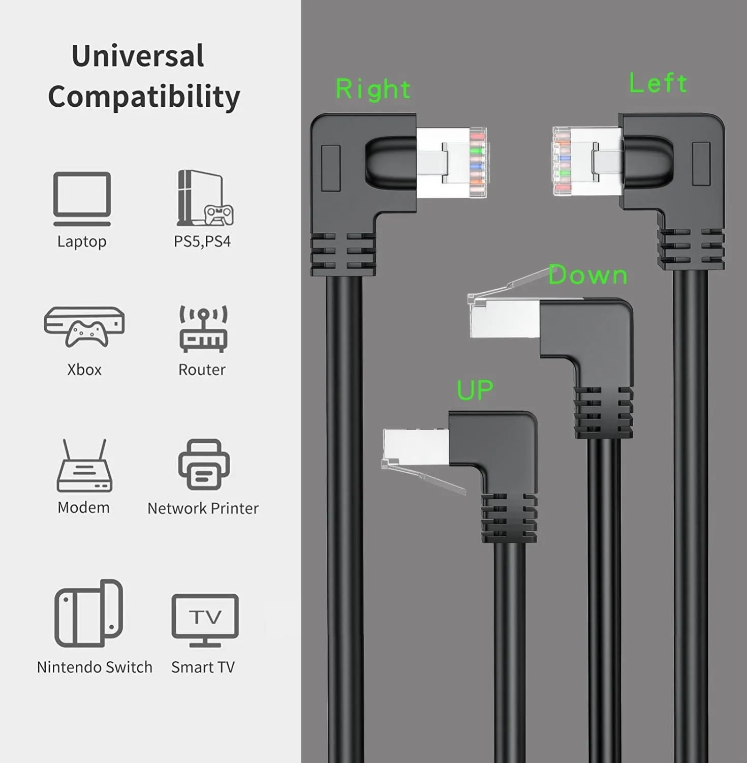 Cat6 Ethernet cable with right-angle metal RJ45 connector in black, available in multiple lengths