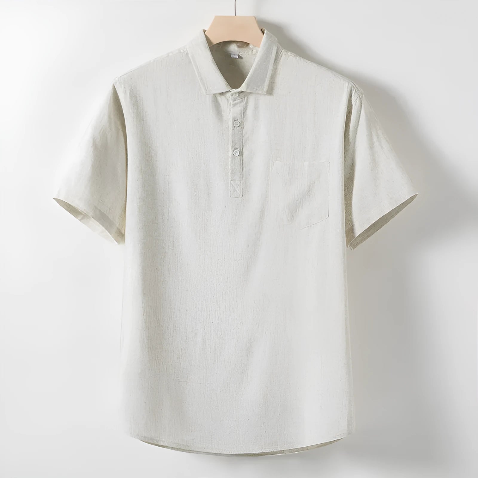 Men's hemp blend linen T-shirt in loose lapel pullover style, shown in optic linen colour