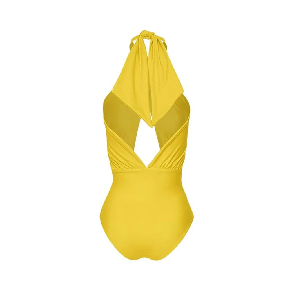 Women's solid colour halter one-piece swimsuit with matching wrap skirt in polyester fabric