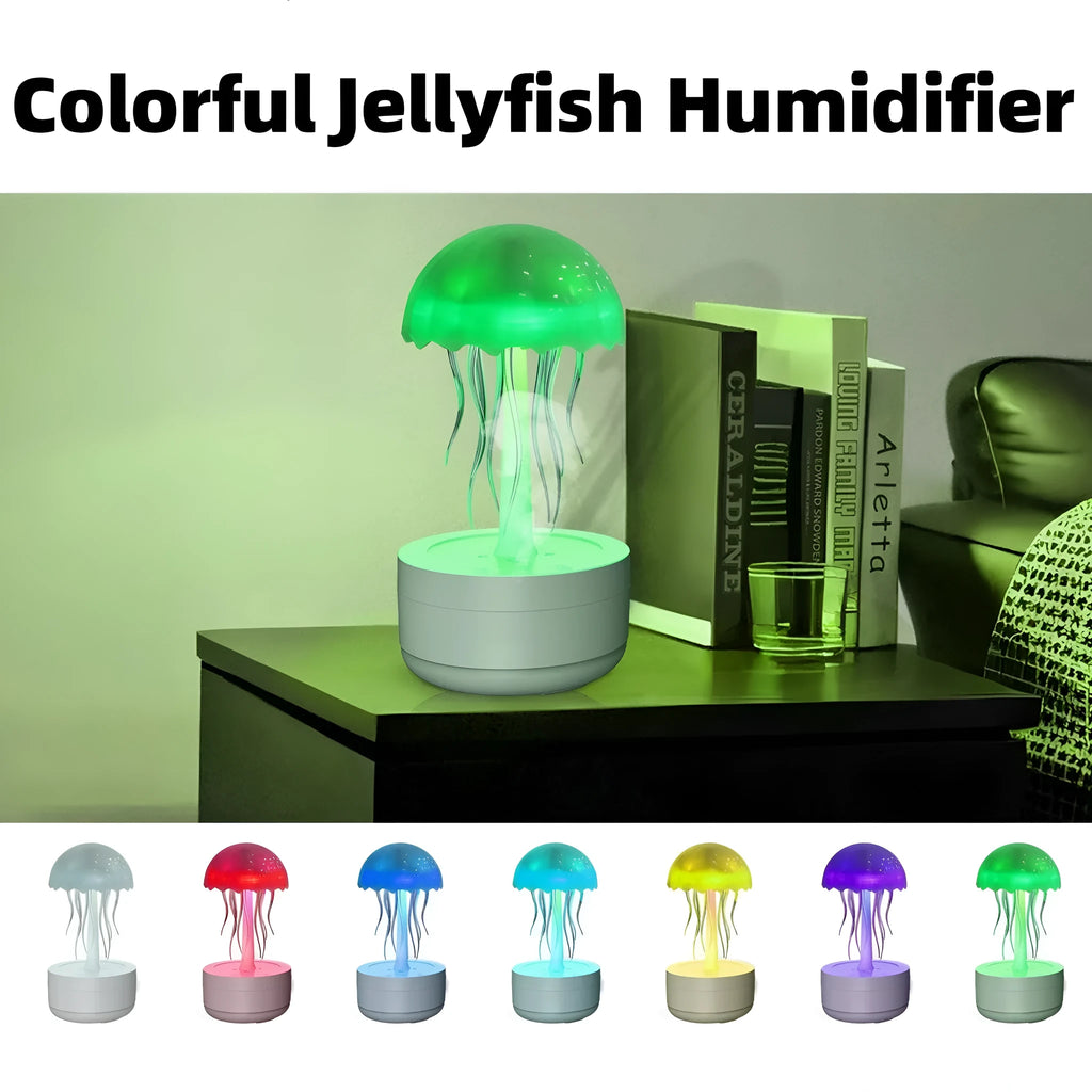 White jellyfish design humidifier diffuser with colourful night lights on desk