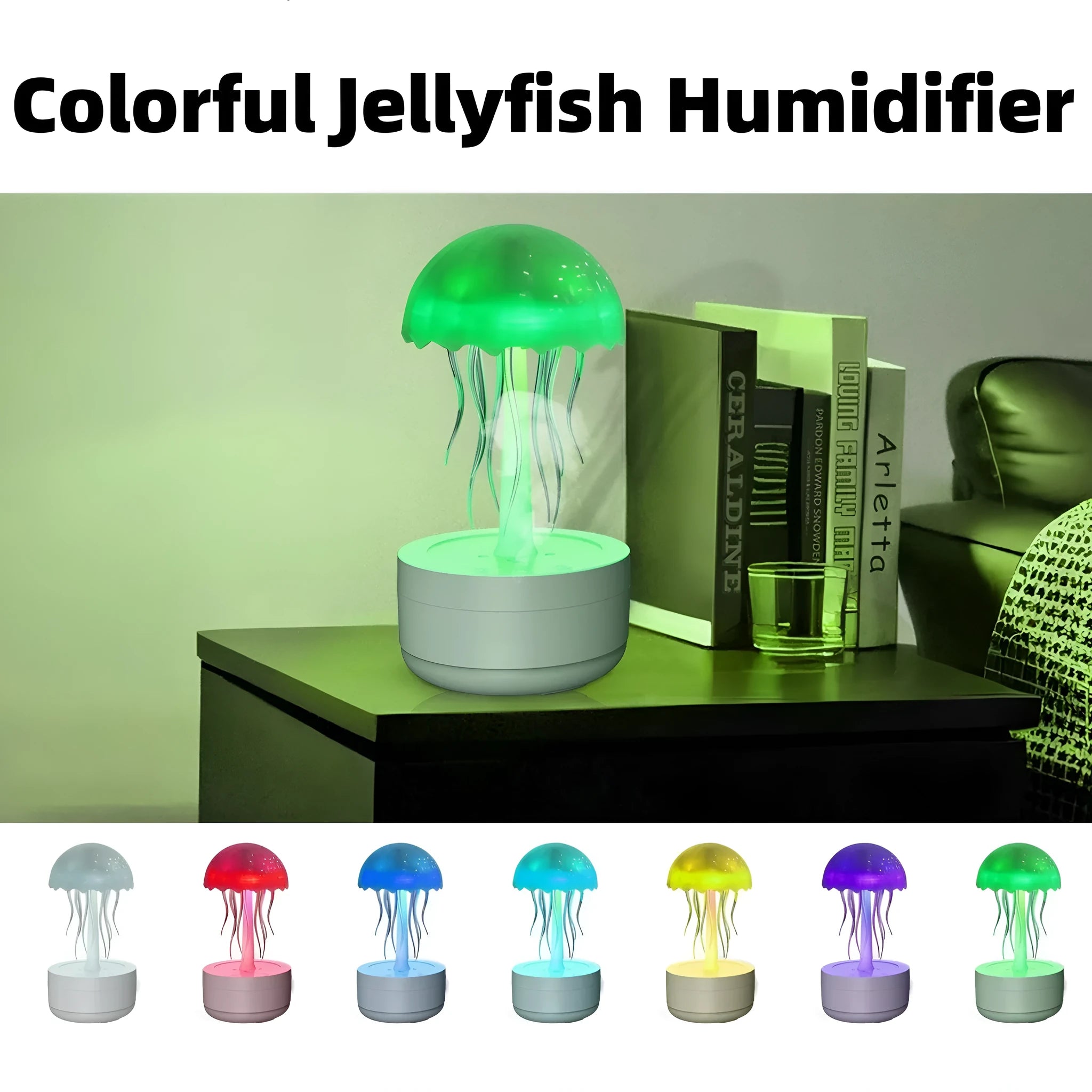 White jellyfish design humidifier diffuser with colourful night lights on desk