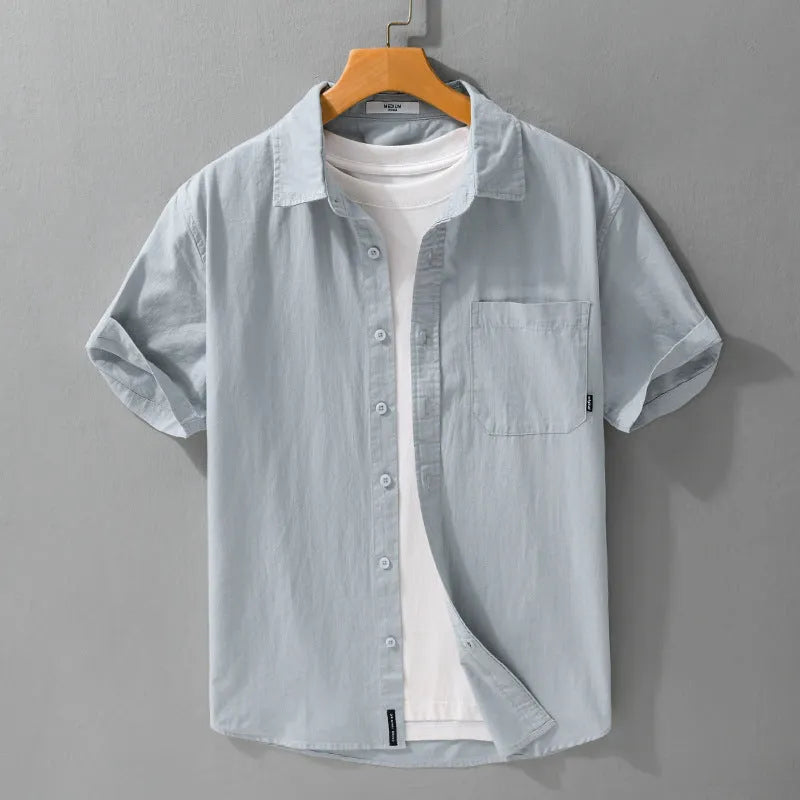 Men's short sleeve cotton shirt in loose cardigan style available in five colours with Asian sizing