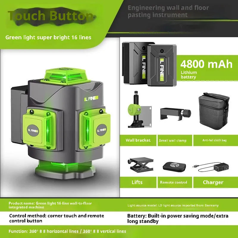 Green 16-line 3D self-levelling laser level with nylon case on a workbench.
