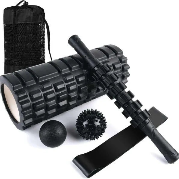Black six-piece foam roller with gear pattern measuring 33cm long for muscle massage