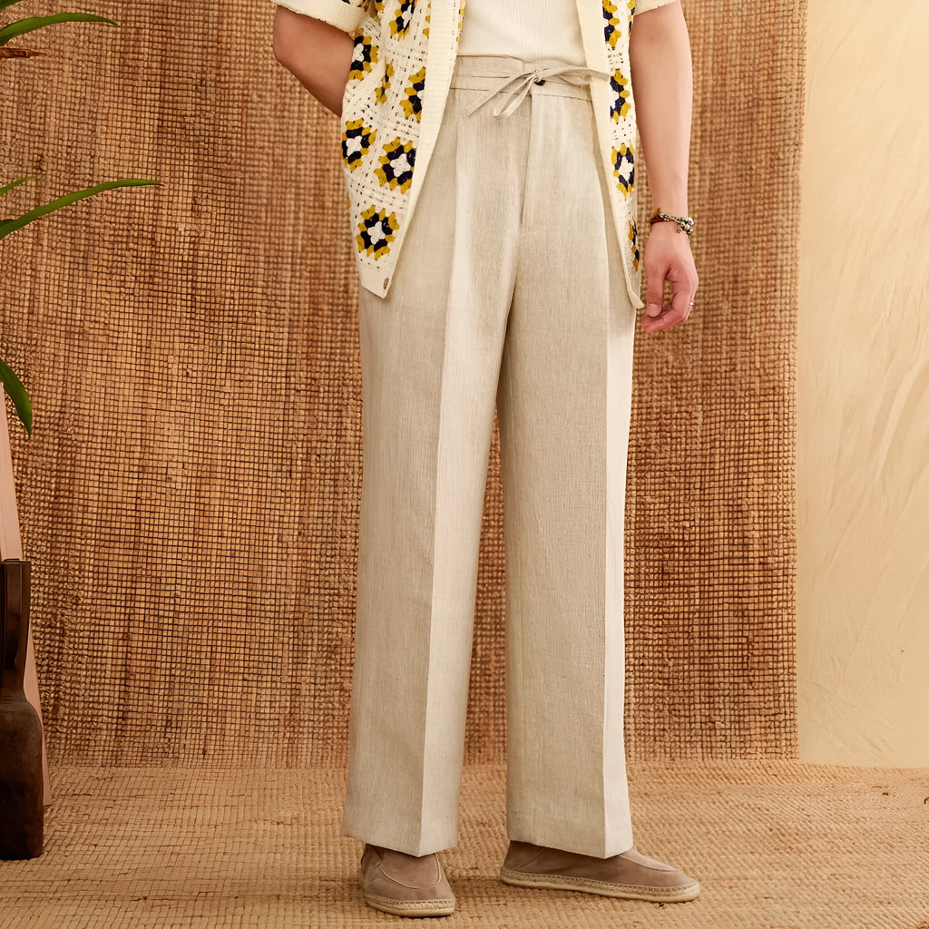 Linen straight-leg trousers with elasticated high waist in three colour options