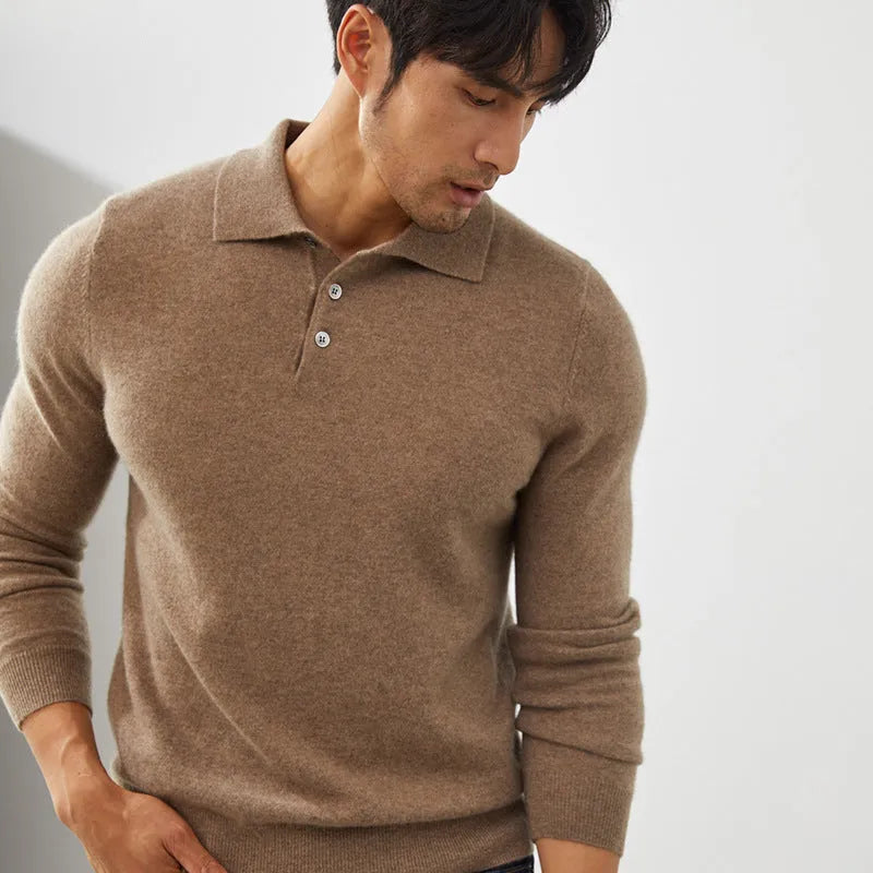 Man wearing a sapphire blue short sleeve cashmere pullover with a polo collar.