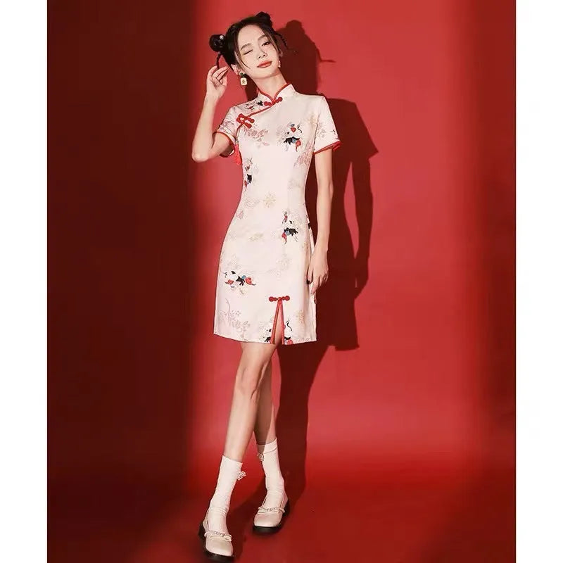 Short cheongsam bridesmaid dress with national tide crane print, quarter sleeves, polyester, available sizes S to 2XL