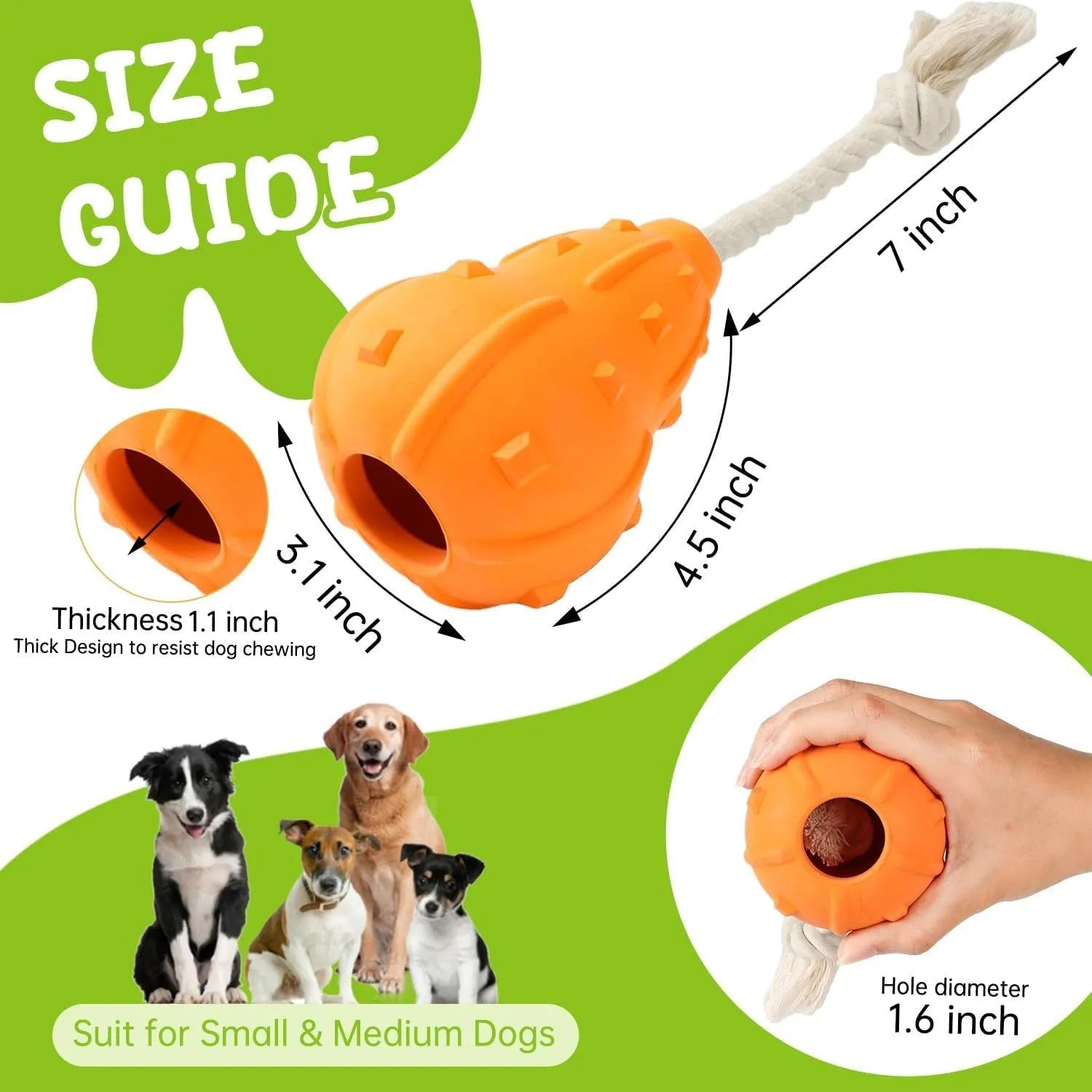 Natural rubber stuffable dog toy for small medium breeds with longer strap for fetch and treat dispensing