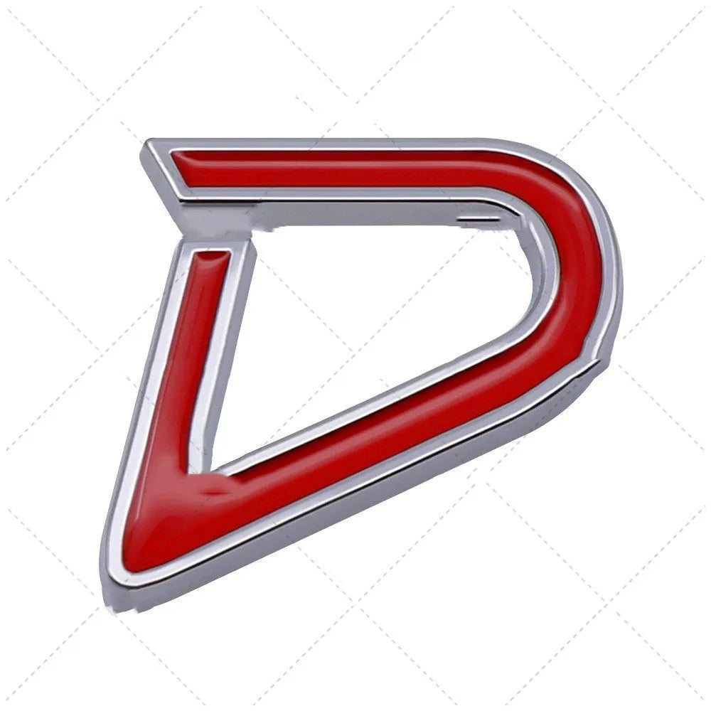 Red and silver metal SD design car sticker on a vehicle bumper.
