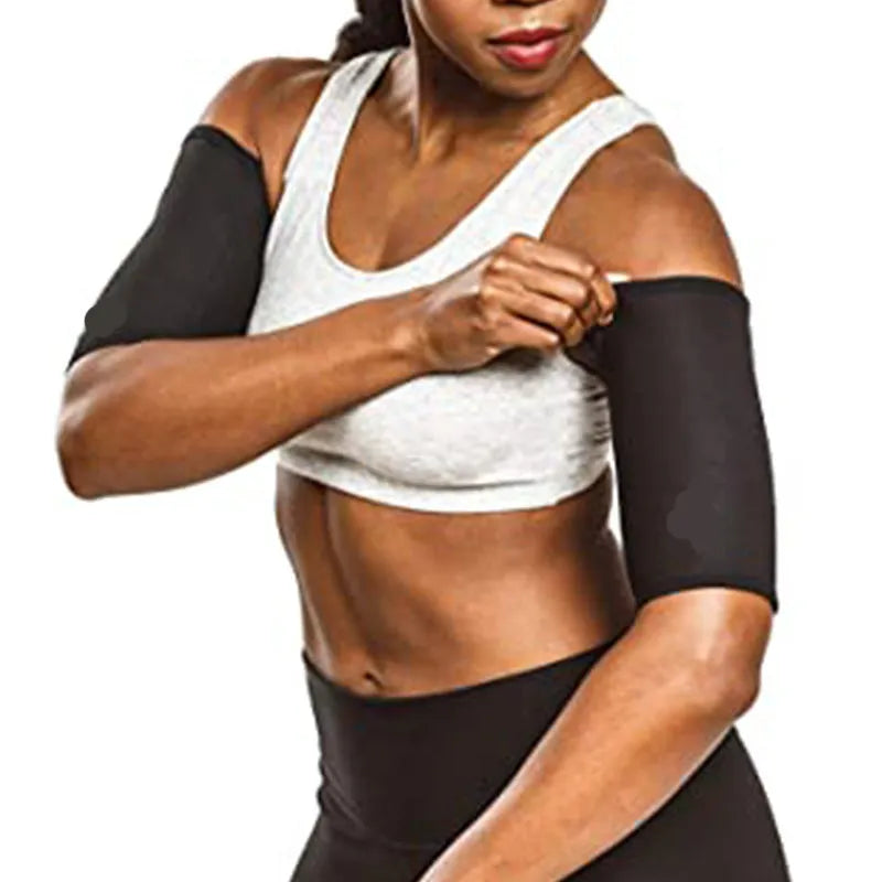 Adjustable arm compression sweatband in blue with hook-and-loop closure, worn on forearm.