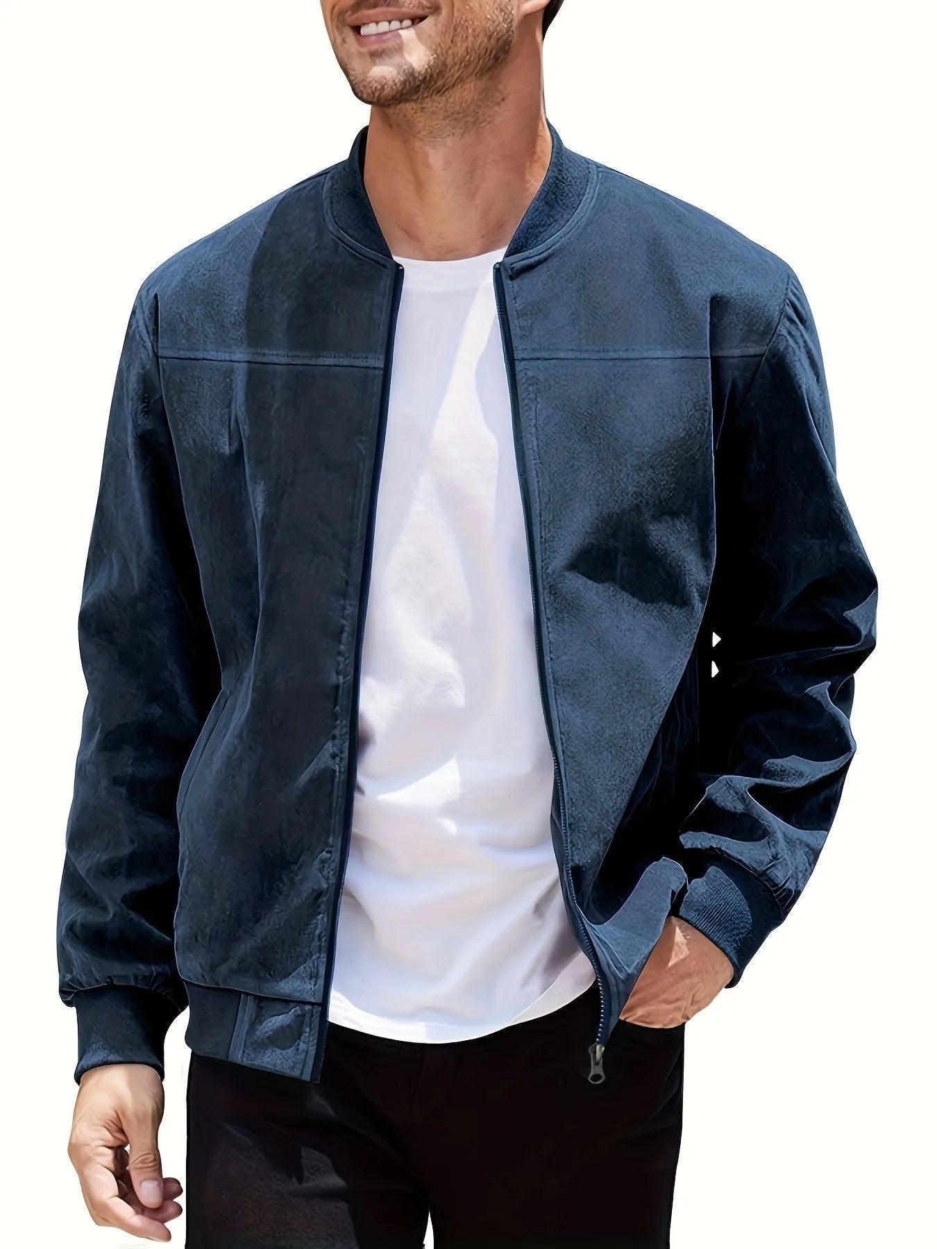 Men's plus size suede casual jacket with zipper closure in Army Green colour showing regular sleeve design