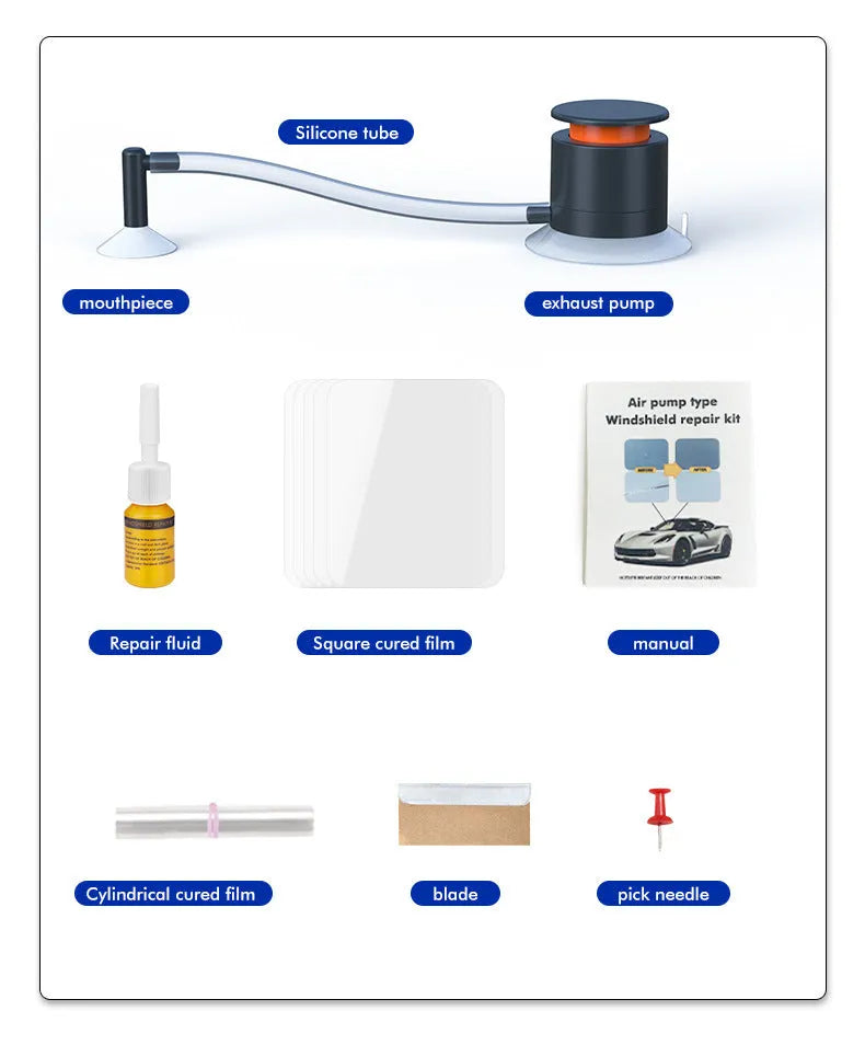 Plastic car windscreen crack repair tool kit with resin applicator