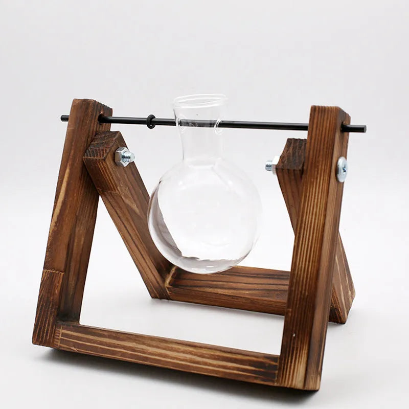Wooden stand hydroponic plant container with geometric glass vases in pastoral style