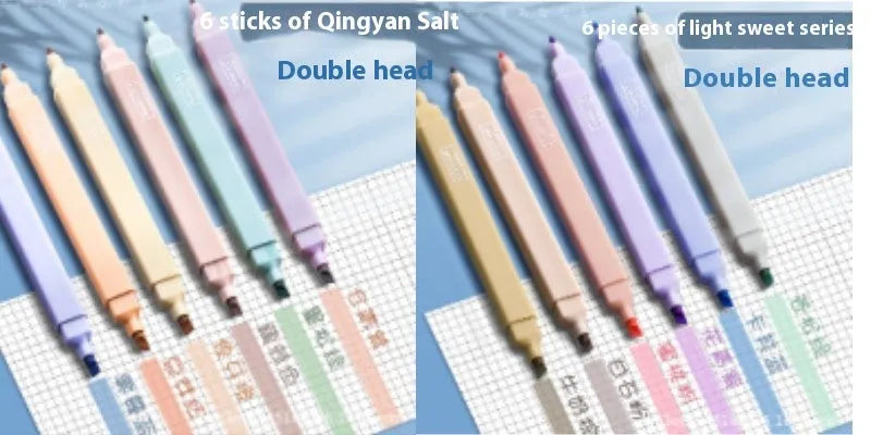 Set of double headed fluorescent highlighter pens showing two different coloured tips on each pen.