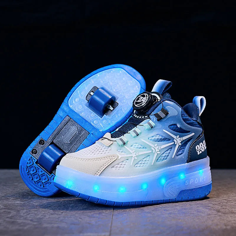 Children's striped roller skating shoes with flash knob adjustment in blue colour
