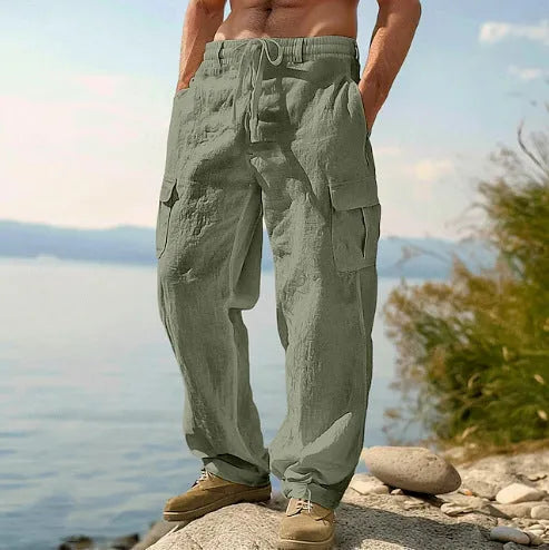 Men's loose cotton wide-leg casual trousers in solid colours showing mid-waist and relaxed fit
