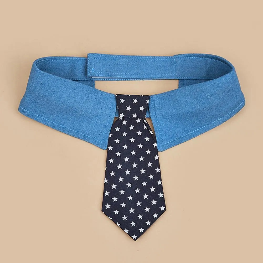 Denim pet collar with star-pattern necktie on adjustable fastener tape closure