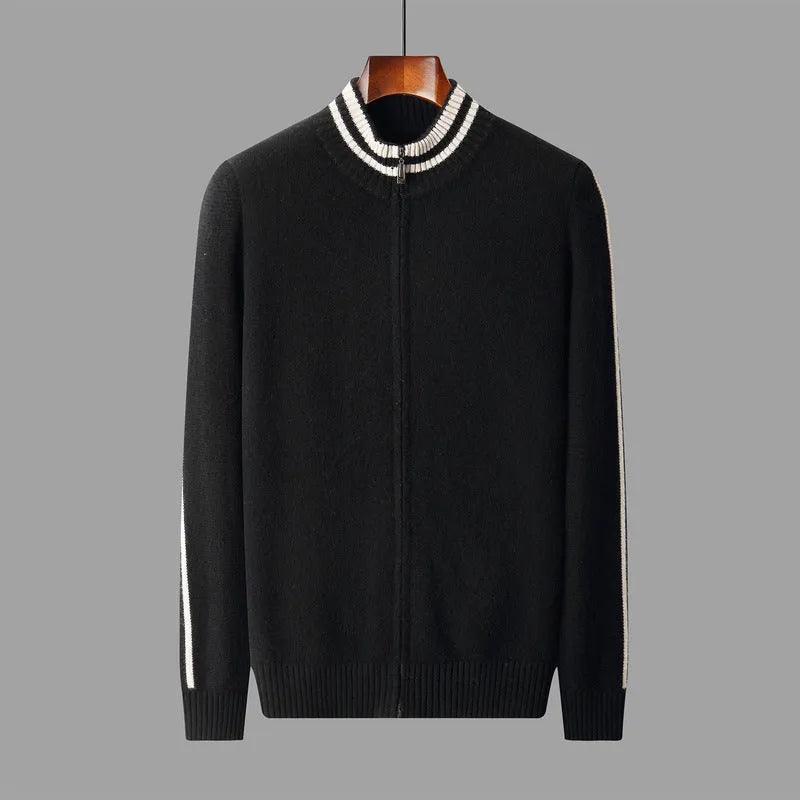 Men's half-high collar striped knitted cardigan sweater in white, front view showing slim fit and all-matching pattern