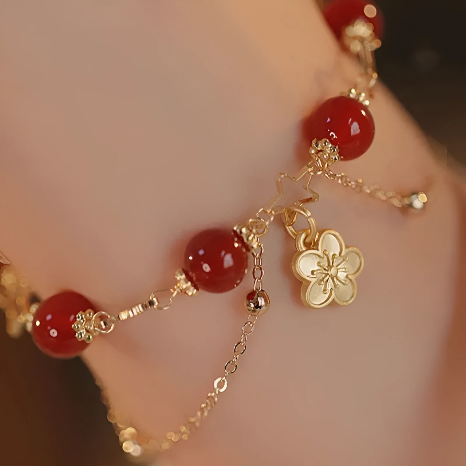 Red agate double layer bracelet with peach blossom flower design and manual craftsmanship