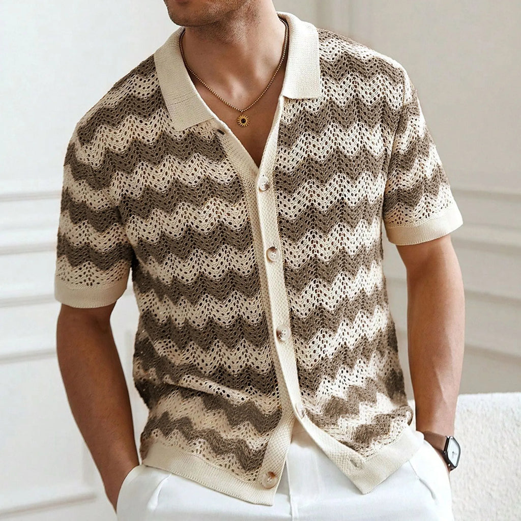 Short sleeve blue jumper with corrugated jacquard texture, made from Tencel viscose for summer.