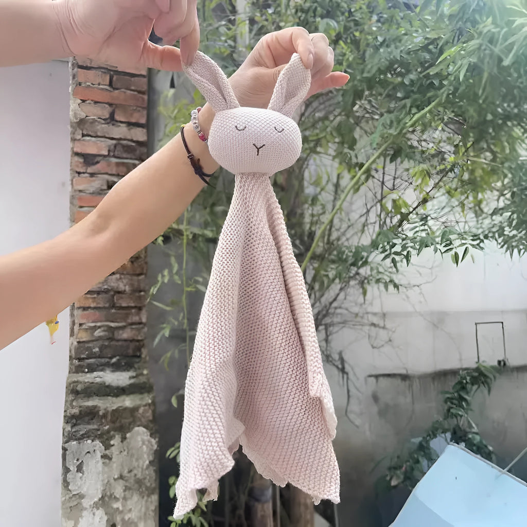 Cotton knitted rabbit toy appeasing towel 40x40cm sky blue colour for infants