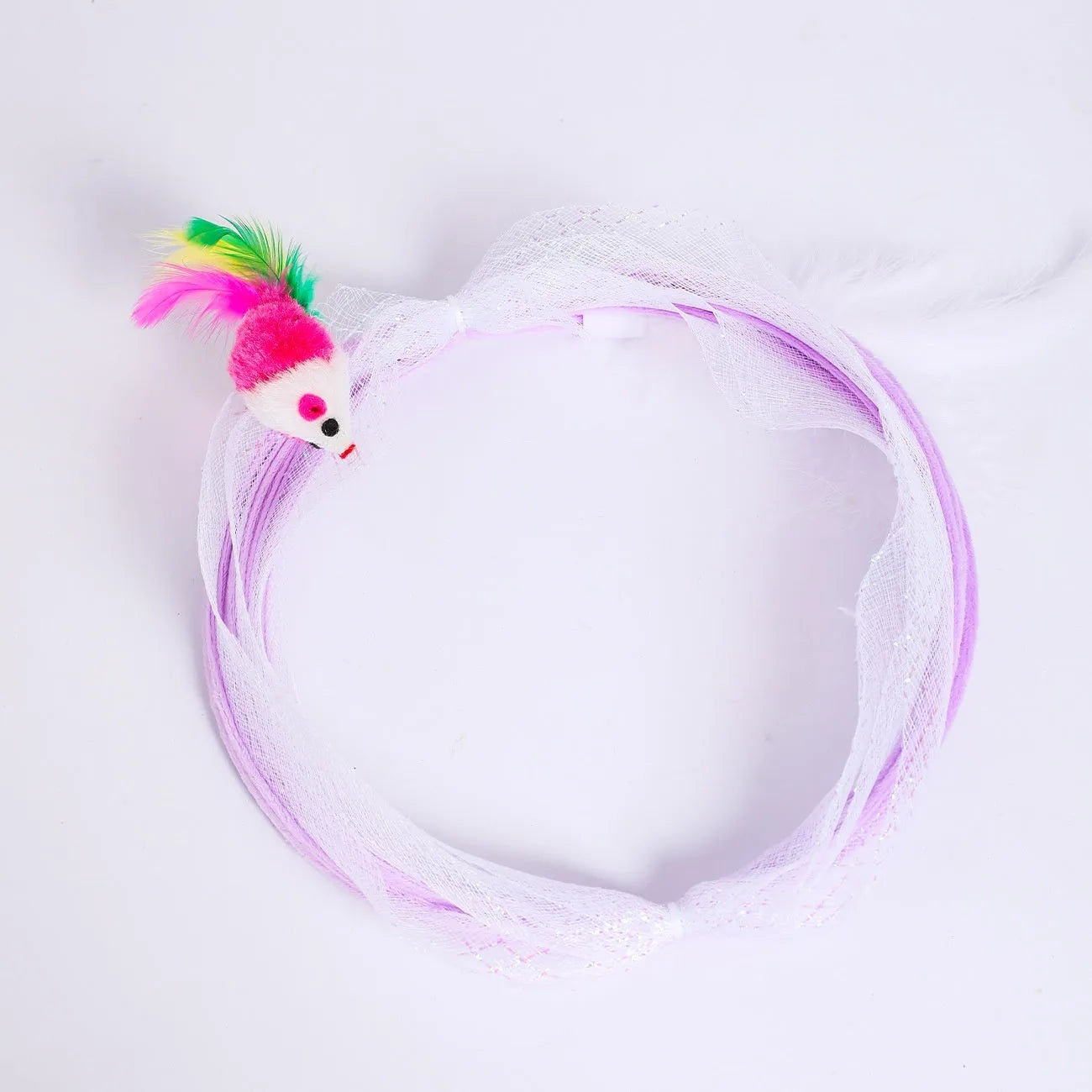 S-type collapsible cat tunnel toy with steel frame, elastic net, and feather attachments.